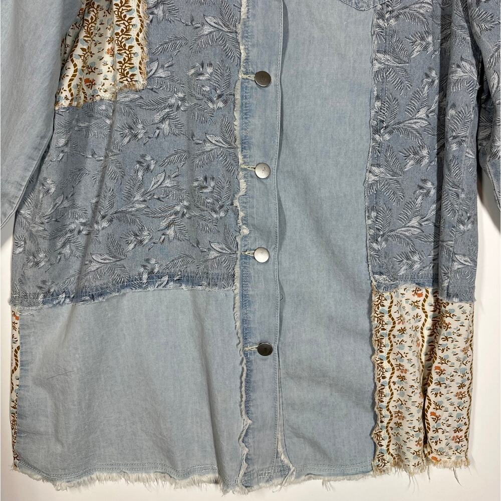 POL Patchwork Exposed Seam Button Up Top Chambray Floral Long Sleeve Boho Sz S - Picture 3 of 14